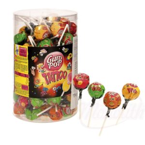 Леденец со вкусом фруктов (манго, лайм, маракуйя, банан) и жевательной резинкой в центре. С татуировкой наклейкой.