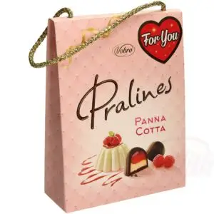"panna cotta" шоколадные конфеты с кремом вкуса panna cotta (20%) и малиновой начинкой (30%).