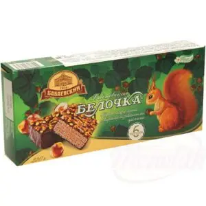 Вафельные тортики "Бабаевская белочка" из вафель (14,3%) и с кремовой начинки с молочно шоколадным вкусом (45,7%), посыпанный карамелизированным фундуком, в какаосодержащей глазурикарамелизированным фундуком, в какаосодержащей глазури